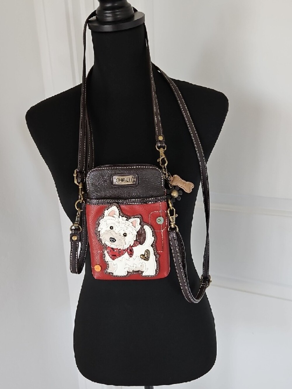 Chala Cellphone Xbody Westie Red & Brown Dog Appliqué Crossbody Bag with Charm